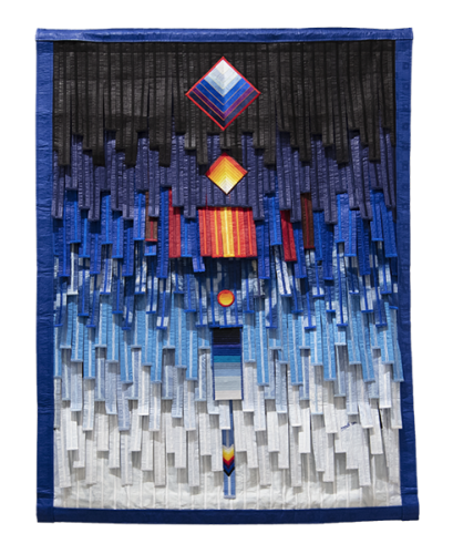 Abdoulaye-Konate-,-Fond-bleu-avec-sou-rces-de-lumière-soleil-et-lune,-2024,-Textile,-152-×-113-cmCourtesy-of-the-artist-and-Primo-Marella-Gallery